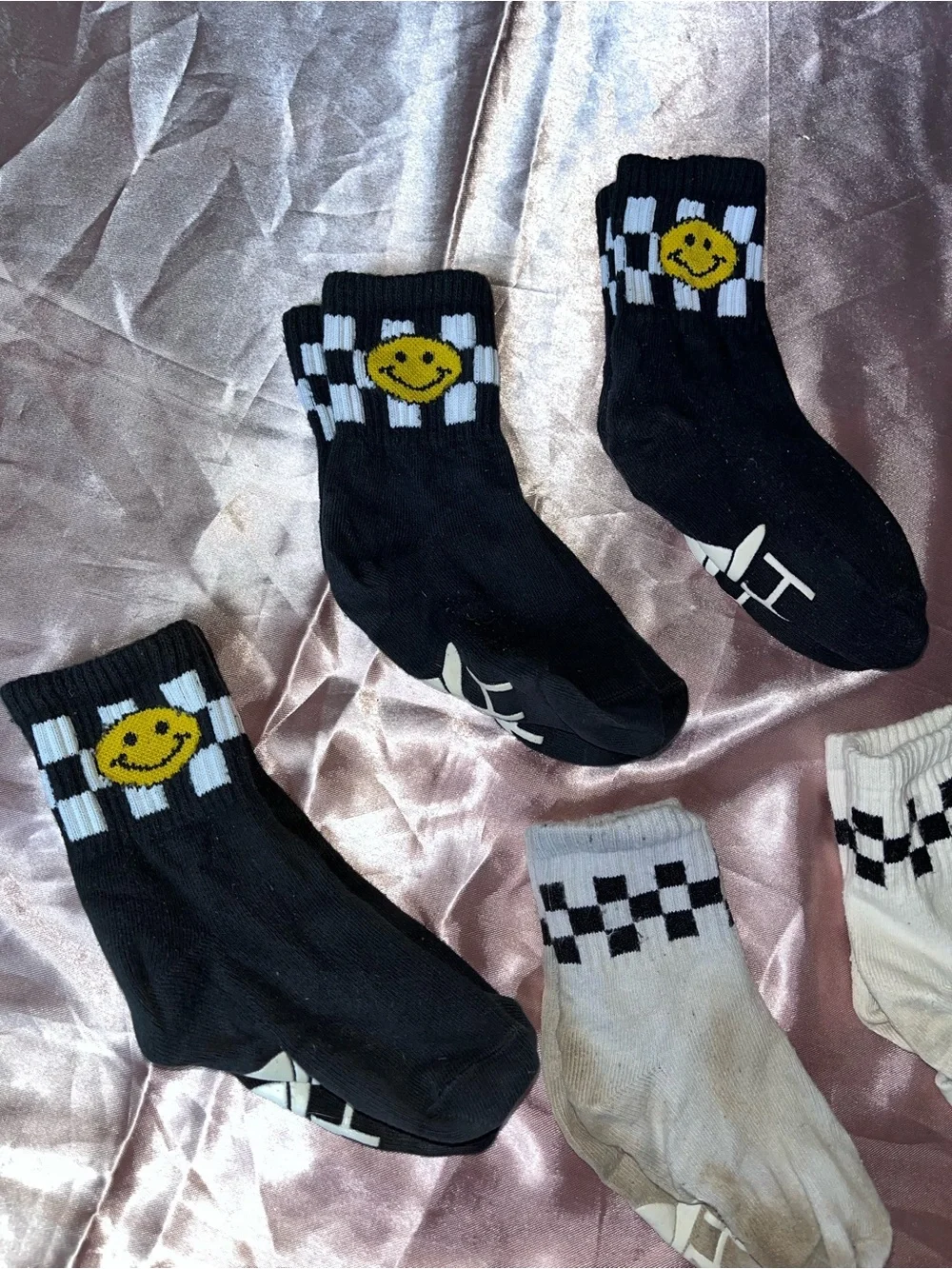 George Hats Kids Checkerboard Smiley Crew Socks - Black & White Toddler Size